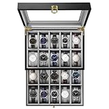 Uten Uhrenbox Holz mit 20 Fächern, Uhrenkasten Herren Damen schwarze Aufbewahrungsbox Holz