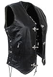 EURO STARS Damen Lederweste mit Seiten Schnür und Metall Hackenverschlüsse, Bikerweste, Motorrad Lederweste Metallverschlüsse, Clubweste, Chopperweste, Rocker Weste, Kutte, Leather Vest (L, Schwarz)