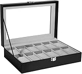 Uten Uhrenbox für 12 Uhren, Uhrenkasten Uhrenschatulle aus PU und Samftfutter mit klarem Fenster, Uhrenkoffer Geschenk