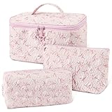 Aucuu 3PCS Set Kosmetiktasche, Reise Kosmetiktasche Set Damen, Kulturtasche Damen mit Blumenmuster, Gesteppte Kulturtasche, Kulturbeutel Make Up Tasche, Tragbare Schminktasche für Mädchen Frauen
