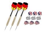 Stagecaptain Steeldart-Pfeile-Set für Sisal, Papier und Kork Dartscheiben - Set mit 3 Dartpfeilen und 12 Flights in klassischen Designs wie Deutschland, Großbritannien, USA, Checkered Flag