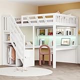 Massivholzbett, Treppe mit Aufbewahrungsschrank, mit einem Schreibtisch,mit USB-Steckdose und mit LED-LichtKinderbett, Jugendbett, Einzelbett, Massivholzrahmen, hohe Ausführung, weiß (140*200cm)