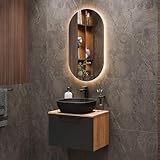 Planetmöbel Astra Badmöbel Set mit Waschtisch 60 cm Gold Eiche Anthrazit, Aufsatzwaschbecken 42 cm schwarz
