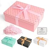 Luxus Geschenkbox mit Deckel, Premium Geschenkbox Mädchen Set mit Schleifen Raffia Grußkarten, 25x18x8.5cm Faltbare Geschenk Box für Valentinstag Geburtstag Weihnachten Halloween Hochzeit(Rosa)