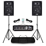Power Dynamics & MAX PA Anlage Komplett Set – 8 Zoll Lautsprecher mit Stativ – 4 Kanal Mixer mit Verstärker & Echo – 800 Watt Musik Anlage mit Bluetooth, USB, SD & Tasche