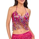 Duohropke Pailletten Oberteil Damen Bauchtanz Top Kostüm Sexy Pailletten Crop Top Tanktops BH mit Neckholder Fransen Quasten Ärmellos Shirt Glitzer Tanzkleidung Clubwear für Karneval Nachtclub