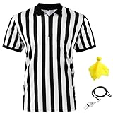 Herren Offiziell Schiedsrichter Trikot, Schwarz Weiß Streifen Hemd mit Umgedrehtem Kragen, Gelb Elfmeter Flagge und Edelstahl Pfeife mit Lanyard für Basketball Fußball (M)
