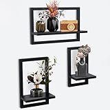 hi-home Set mit 3 Wandregalen, Schwebende Regal für die Wand Deko, Hängeregale zur Wandaufbewahrung, Quadratische Bücherregal Wand, Wandregal Holz Hängeregal für Schlafzimmer, Wohnzimmer, Schwarz