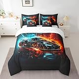 Manfei 7-teiliges Sportwagen-Bettwäsche-Set für Kinder, Queen-Size-Bett, Blau und Orange, Feuerbett-Set für Jungen und Mädchen, schwarzes Rennwagen-Bettwäsche(1 Steppdecke, 1 Spannbetttuch, 1