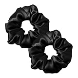Satin-Haargummis, Seiden-Haargummis zur Vorbeugung von Kräuseln, Seiden-Haargummis zur Bruchprävention, elastische Pferdeschwanzhalter (schwarz, 2 Stück), schwarze Haargummis