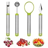 4 Stück Obst Werkzeug Set CTDMJ Edelstahl Obstwerkzeug Set Multifunktion Obstschnitzmesser Set Fruchtschnitzwerkzeug Melonenlöffel Kugelausstecher Edelstahl Küchenwerkzeug Cutter für DIY-Obstsalate
