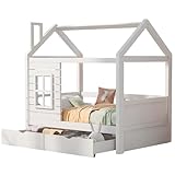 Haett Kinderbett Jugendbett 80*160 mit Rausfallschutz vielseitiges Holz Kinderbett für Jungen & Mädchen, Massivholz Kinder Bett mit Rausfallschutz Fenster und Lattenrost, Weiss[OLD SKU:28864950AAA]
