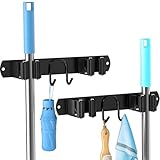 AURIKAR Besenhalter Wandhalterung, 2 Stück, Edelstahl, Mopp- und Besen-Organizer, Besenaufhänger mit 2 Schlitzen, 1 Haken für Zuhause, Küche, Garage, Garten und Waschküche, Schwarz