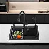 Küchenspüle, 1 Becken, JUNSOTTOR 55 x 45 cm – Schwarz, Edelstahl mit Doppelhähnen (360 ° herausziehbar + reines Wasser), bewegliches Abtropfgestell und leiser Ablauf