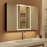 KWW LED Beleuchtetes Badezimmer Medizin Kabinett mit Spiegel, Farbtemperatur Einstellbar, Anti-Nebel Dimmbare Lichter, Steckdosen für USBs (100 x 70 cm)