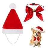 Hundekostüm Weihnachten,1 Stück Weihnachtsmütze und 1 Stück Klingel Schmetterlingsknoten, Hunde Katzen Weihnachtskostüm Ideal für Weihnachtsfotos und Familienfeiern(Rot)