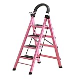 Tragbarer Tritthocker aus Stahl Klappleiter, Zusammenklappbare Leiter, Mehrzweckleiter, rutschfest, Geeignet Für Home-Office-Projekte Leiter für Garten(Pink)
