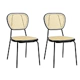 FurnitureR Set mit 2 Esszimmerstühlen mit Rattam-Sitz und Rückenlehne, Gestell aus massivem Gummi und mattschwarzem Metallbein, Esszimmer