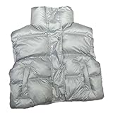 Damenweste mit Stehkragen, kurze Baumwolle, gepolstert, lässig, mit Taschen, Knöpfen, ärmellose Jacke, grau, M
