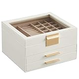 SONGMICS Schmuckkästchen, Schmuckkasten mit 3 Ebenen, Schmuckbox mit Glasdeckel, 2 Schubladen, Schmuckaufbewahrung, viel Stauraum, modern, Geschenk für Ihre Liebsten, wolkenweiß-golden JBC239WT