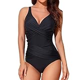 Smismivo Badeanzug Damen Bauchweg Push Up Shape Schwimmanzug mitBügel Retro Schlankheits Raffung Einteilige Bademode Swimsuits for Women One Piece Swimming Suits Badekleid (schwarz schwarzer)