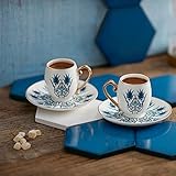 KARACA Iznik Kaffeeservice Fur 2 Personen, 2x Espressotasse und 2x Untertasse, Robuste Mokkatasse, Dicker Trinkrand, Espressotassen, Porzellan Espresso Set