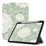Hülle Für Ipad 2024 Air 6. Generation 11', Hülle Mit Stifthalter, Magnetischem Ständer Und Kartensteckplatz, Smart Case Mit Automatischem Ruhe-/Aufwachmodus, Grün-Weiße Elegante Blumen