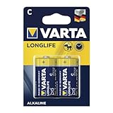 Blister mit 2 Alkalibatterien Varta Longlife C/LR14 1,5 V. Zuverlässig und langlebig, perfekt für Spielzeug, Controller und den täglichen Gebrauch. Garantierte Leistung für Ihre Geräte.