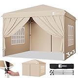 Sunula Pavillon 3x3 Wasserdicht Stabil Winterfest mit 4 Seitenwänden, Faltpavillon 3x3m mit Verdickten Röhren, Partyzelt Gartenpavillon Faltzelt für Camping Festival Party (Khaki, Mit Seitenwänden)