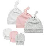 Durio Neugeborenes Babymütze und Handschuhe Set Knoten Beanie Hut Kratzfäustlinge Baby Jungen Mädchen 0-6 Monate Weiß Rosa u. Grau