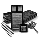 Goliber 16-teiliges japanisches Sushi-Set – Enthält 4 einzelne Sushi-Teller (19 x 14 cm), 4 Saucenschälchen, 4 Paar Essstäbchen, 4 Stäbchenhalter – Hergestellt aus Melamin