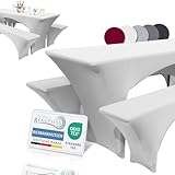 Beautissu Edles Stretchhussen Set 3tlg. Victoria - Elastische Hussen für Bierzeltgarnitur 220x50 cm – Festliche Husse Biertisch + 2 Bierbank in Weiß