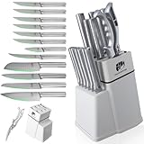 FULLHI 14teiliges Messerblock-Set, spülmaschinenfestes Küchenmesser-Set mit eingebautem Schärfer, Edelstahl-Kochmesserset mit Messerhalter Küchenschere