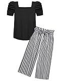 Arshiner Mädchen Tshirt mit Hose Set Kinder Mode Baumwolle Bekleidungssets Blasenärmeliges Oberteil mit Bedruckter Freizeithose Zweiteilig Outfits für Mädchen 9-10 Jahre 140