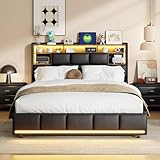 EZSSW Multifunktions-Boxspringbett 160x200 mit Lattenrost – Schwarzes PU-Lederbett mit RGB-LED, Hydraulik-Stauraum, Metallgestell | einfache Montage (Schwarz, 160 x 200 cm)