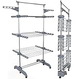 PORTENTUM Wäscheständer Turm klappbar 14 cm mit 5 Ebenen und 58 Haken für Kleiderbügel – Bis 40 kg – ständer mit 24 Edelstahlstangen – Für Innen- und Außenbereich – Rollen mit Feststellbremse