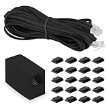 MAOZHOU Telefonkabel,10m RJ11 6P4C Stecker Modularkabel + RJ11 Modular Kupplung + 20 Kabelclip Kabelhalter,RJ11 auf RJ11 Stecker Flachkabel für Modem Router Telefon Fax ISDN DSL VDSL - Schwarz