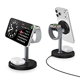 15W Fast 3 in 1 Wireless Charging Station for Apple Series, Magnetic Mag-Safe Charger Stand with Adjustable Angle, for iPhone 16 15 14 13 12 Apple Watch, Airpods, Gifts for Men (No AC Adapter)-Black