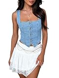 Achlibe Damen Denim Tank Tops Slim Fit Square Neck Rückenfrei Ärmellos Button Down Crop Tops Jeans Weste Korsett Top, A-Blau, 42