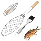 Tkxjry Fischgrillgitter aus Edelstahl, 63 * 12cm Fisch Grillhalter mit Holzgriff, Fisch Grillhalter mit Ölbürste, Fischbräter Edelstahl, Fischhalter zum Grillen, für Grillfische, Steak, Fischfilets