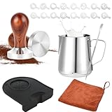 Atliberswo Kaffee Tamper 51mm Set, Espresso Tamper Zubehör mit 350ml Edelstahl Milchkännchen und Latte-Art-Stift, 16x Kaffee-Schablone, Espresso Tamper Matte, Reinigungstuch