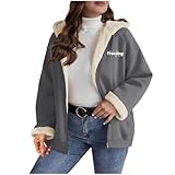 Gubsssl Damen Fleecejacke Warme Winterjacke Gefüttert Sweatjacke Teddy Jacke Mode Wintermantel Elegante Kapuzenjacke Teddyjacke Winter Fleecemantel Oversize Kleidung Casual Wollmantel Mantel Grau XXL