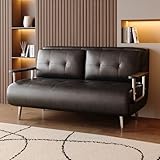 EOBfurniture Braunes Leder-schlafsofa, modernes Sofa mit Schlaffunktion, Couch mit Klappmatratze und Metallfüßen, vielfältig einsetzbar für Wohnzimmer, Schlafzimmer & kleine Räume（150cm） (schwarz)