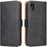 ROJIOJIO Handyhülle für iPhone XR Hülle, Leder Handytasche Kartenfach Klappständer Magnetisch Lederhülle für Apple iPhone XR Klapphülle, Schwarz