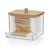 OGANAZI Acryl Wattestäbchen Box Kleine Schminktisch Organizer Transparent Aufbewahrungsbox mit Bambusdeckel für Badezimmer, Schlafzimmer, Waschbecken (Formgebung für leichten Zugang, haltbar, leicht)