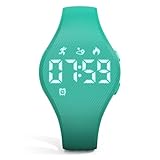 Focwony Digitale Fitness-Tracker-Uhr für Kinder mit LED-Anzeige, für 5–15 Jahre, wasserdichte Armbanduhr ohne App, mit Schrittzähler, Wecker, für Kinder, Jungen, Mädchen, Teenager (Dunkelgrün)