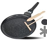 DIVORY Crepe Pfanne Induktion 28 cm, Pfannkuchenpfanne mit Teigverteiler & Holzschaufel, Omlettpfanne Induktion, flache beschichtete Pfannkuchen, Pizza Bratpfanne