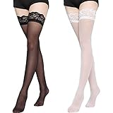 Damen Oberschenkel Hohe Strümpfe Spitzen, 2 Paires Strümpfe mit Spitze für Frauen, Halterlose Strümpfe für damen Spitze Top Strümpfe, Oberschenkel Strumpf Transparent Damenstrümpfe, Schwarz+Weiß