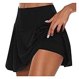 YEBIRAL Damen Sportskort 2 in1 Tennis Rock mit Hose Drunter Sportrock Tennisrock Kurz Leggings mit Rock Golf Hosenrock Laufenrock Sport Skirt für Fitness Workout Running, Schwarz, XL
