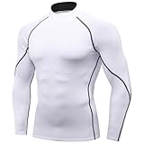 Herren-Kompressionsshirt, langärmelig, Sport, Workout, T-Shirt, Top, kühl, trocken, Baselayer, athletisches Unterhemd, Ausrüstungsshirt, Rollkragen-Weiß, Klein